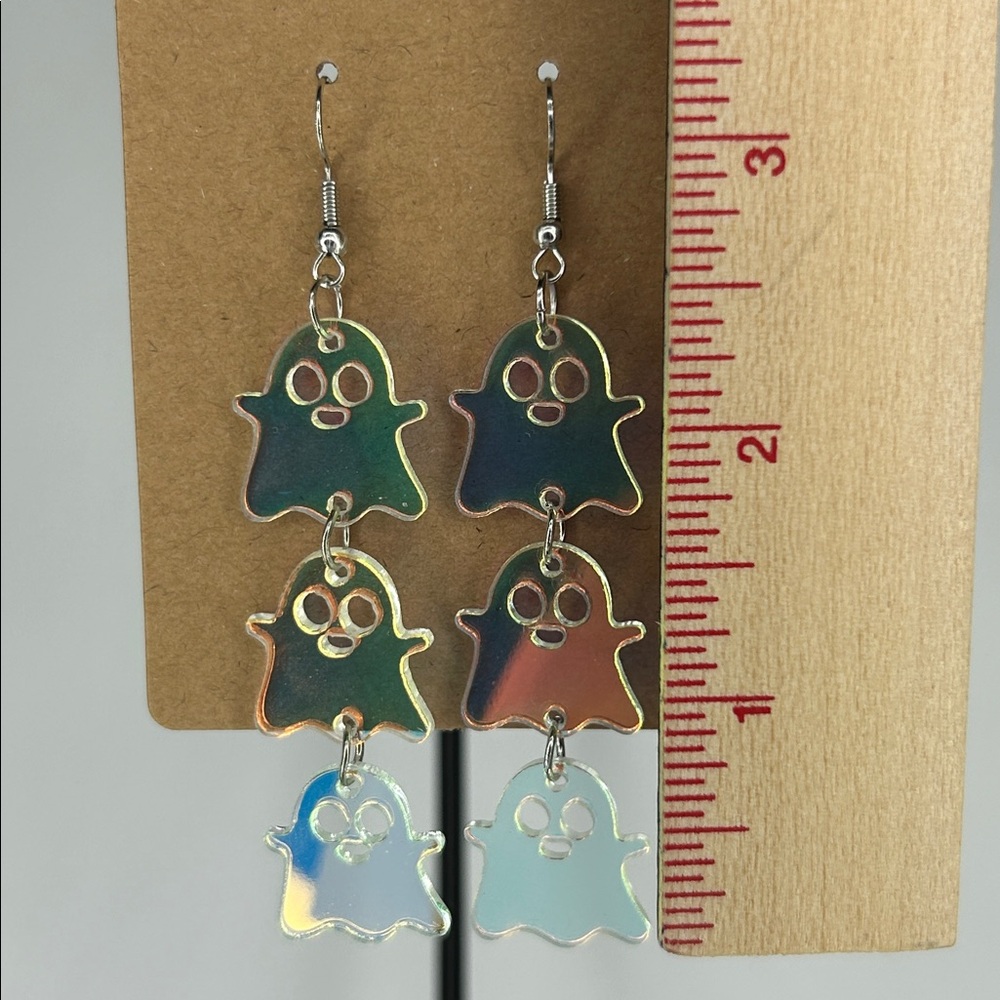 Iridescent Color Triple Layer Ghost Halloween Acrylic Earrings Fashion Jewelry - Picture 2 of 3